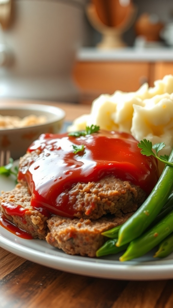 A slice of classic meatloaf glazed with ketchup, served with mashed potatoes and green beans on a white plate.